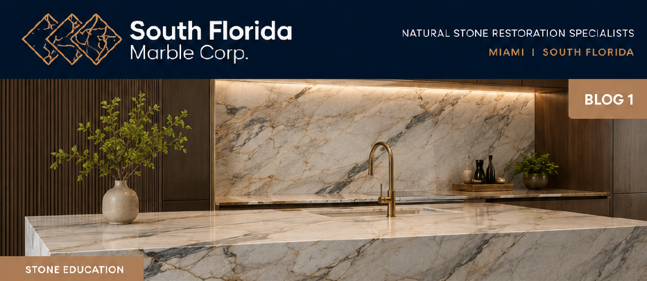 Luxury Miami kitchen island and backsplash in natural stone with soft gray and gold veining